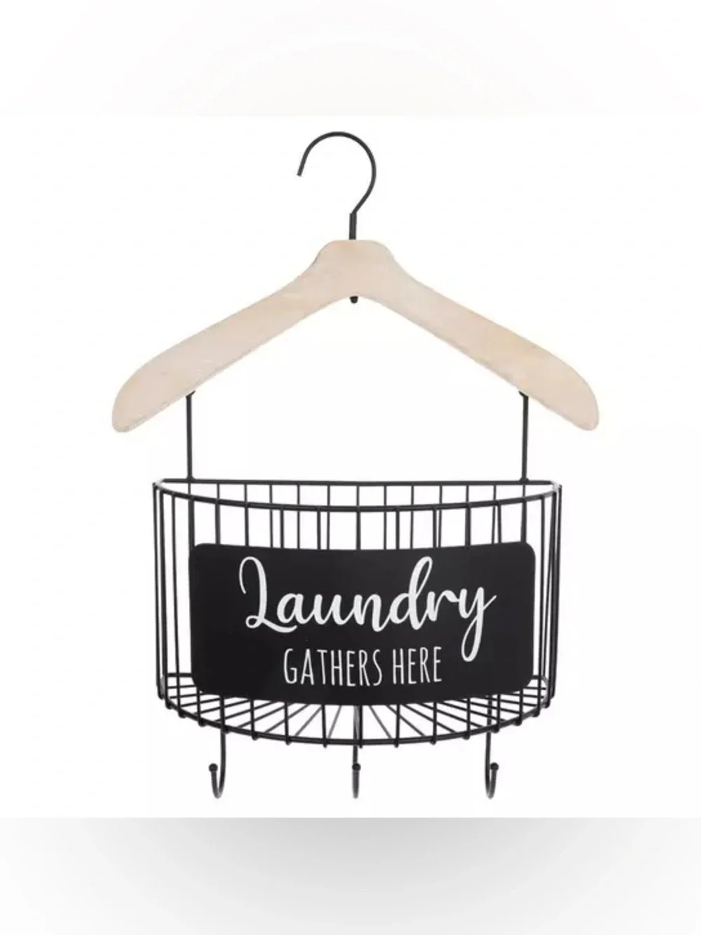 Laundry Gathers Here Metal Wall Basket With Hooks